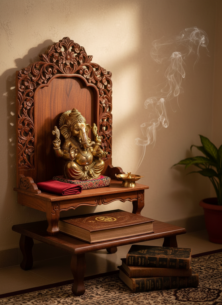A refined, photographic realism image of a traditional South Indian wooden altar shelf used as an atmospheric backdrop for astrology consultations. The shelf, carved with intricate floral patterns and finished in deep, polished rosewood, holds a carefully placed brass Ganesh idol, a neatly folded dark-red silk cloth, and a small incense holder with faint wisps of smoke curling upward. To the side, a closed, hand-bound almanac rests atop a stack of astrological reference books. Soft, warm lamplight from the right creates a golden glow, enriching the wood tones and casting gentle, dancing shadows on the wall. The background is intentionally minimal and slightly out of focus, emphasizing the sacred, contemplative mood. Composed using the rule of thirds at eye level, the scene feels both reverent and professionally curated for a serious spiritual practice.