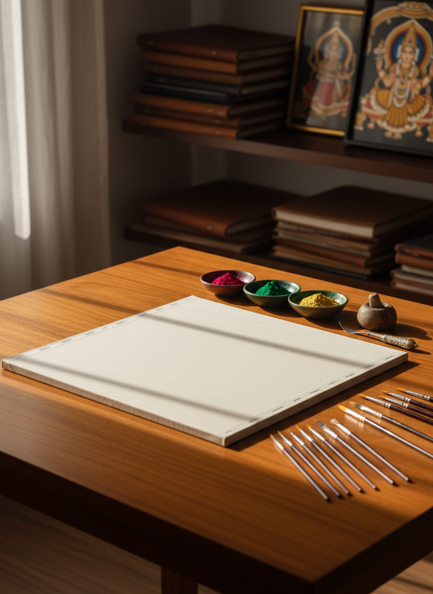 A meticulously arranged art studio table displaying traditional Mysore painting materials in photographic realism. At the center lies a hand-stretched cotton canvas primed with a smooth, off-white gesso surface, bordered by neatly aligned fine-tipped brushes with polished wooden handles and gleaming metal ferrules. Beside them, small ceramic bowls hold richly pigmented natural mineral colors: deep vermilion, emerald green, indigo, and gold. The table is crafted from warm, polished teak, catching soft morning sunlight from an unseen window, which casts gentle, elongated shadows. In the slightly blurred background, shelves of neatly stacked sketchbooks and framed Mysore paintings create context. Shot at eye level with shallow depth of field, the composition feels calm, professional, and inviting, perfect for a serious yet welcoming art class environment.