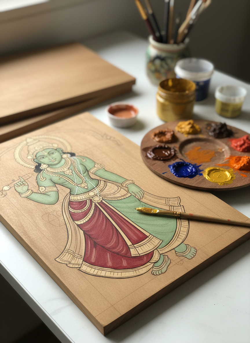 A close-up photographic realism scene of a partially completed Mysore painting on a flat wooden work surface, emphasizing craftsmanship. The central subject is a smooth board bearing an intricate line drawing of a traditional deity outline, carefully filled with flat, luminous base colors: muted red, soft green, and creamy beige. Beside it, a small palette holds thick, glossy natural pigments, with a fine squirrel-hair brush resting on its edge, tip stained with gold. Soft, diffused daylight from the side highlights the delicate textures of paint layers and faint pencil guidelines, casting subtle shadows. The background falls into a gentle blur with hints of other prepared boards and neatly arranged brushes. Shot at a slight angle with shallow depth of field, the image conveys focused practice, discipline, and the quiet joy of learning Mysore art techniques.