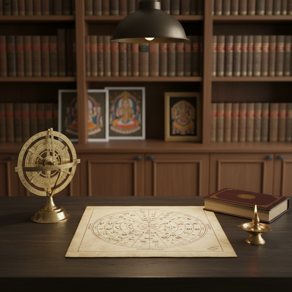 A serene, well-organized consultation desk designed for professional astrology readings in photographic realism. The focal point is a dark, matte-finished wooden desktop holding an open, beautifully detailed Vedic astrology chart printed on cream parchment-like paper, finely inscribed with circular houses and precise symbols. Nearby rests a high-quality brass astrolabe with intricate engravings, softly gleaming under warm overhead pendant lighting. A small, tasteful brass oil lamp and a closed, leather-bound notebook add to the setting. The background reveals a blurred bookshelf lined with classical astrology texts and subtle Mysore-style framed artwork. Captured from a slightly elevated angle with balanced, even lighting and gentle shadows, the mood is calm, contemplative, and professional, reinforcing trust and expertise in astrology consultations.