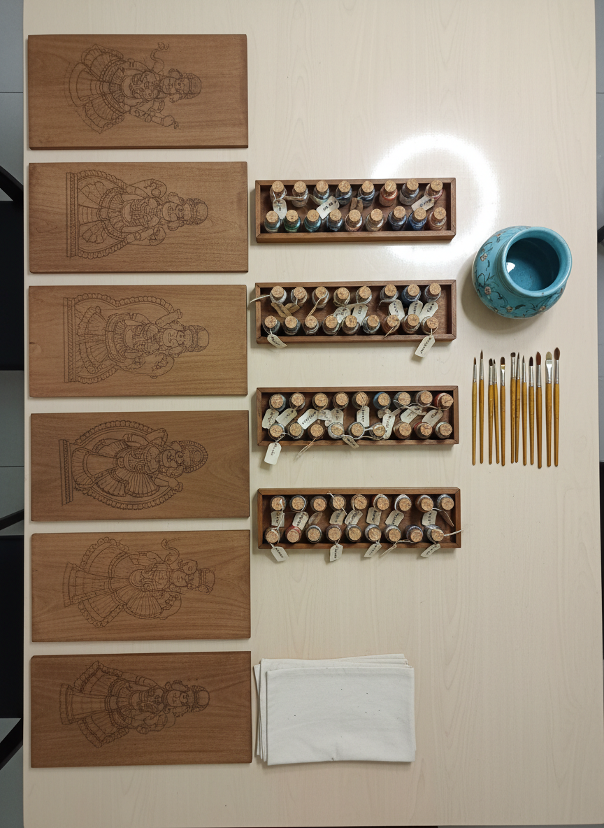 A top-down photographic realism view of a professional Mysore art classroom workspace, focusing on tools and organization rather than people. Several parallel wooden boards are neatly arranged on a large, clean, light-wood table, each bearing penciled outlines ready for painting. Between them lie organized trays of small pigment jars labeled with handwritten tags, rows of fine and medium brushes, and a ceramic water container catching reflections of overhead soft white studio lights. A folded cotton apron and a tidy stack of practice sheets sit near the edge. The lighting is evenly diffused, minimizing harsh shadows and highlighting order and clarity. The composition emphasizes structure and readiness, with sharp focus across the frame, conveying a disciplined yet welcoming environment ideal for serious learners of Mysore art.