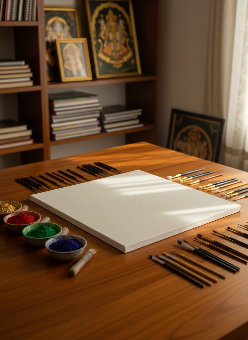 A meticulously arranged art studio table displaying traditional Mysore painting materials in photographic realism. At the center lies a hand-stretched cotton canvas primed with a smooth, off-white gesso surface, bordered by neatly aligned fine-tipped brushes with polished wooden handles and gleaming metal ferrules. Beside them, small ceramic bowls hold richly pigmented natural mineral colors: deep vermilion, emerald green, indigo, and gold. The table is crafted from warm, polished teak, catching soft morning sunlight from an unseen window, which casts gentle, elongated shadows. In the slightly blurred background, shelves of neatly stacked sketchbooks and framed Mysore paintings create context. Shot at eye level with shallow depth of field, the composition feels calm, professional, and inviting, perfect for a serious yet welcoming art class environment.